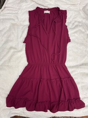 The impeccable pig ruffle sleeveless mini dress size L tiered skirt burgandy